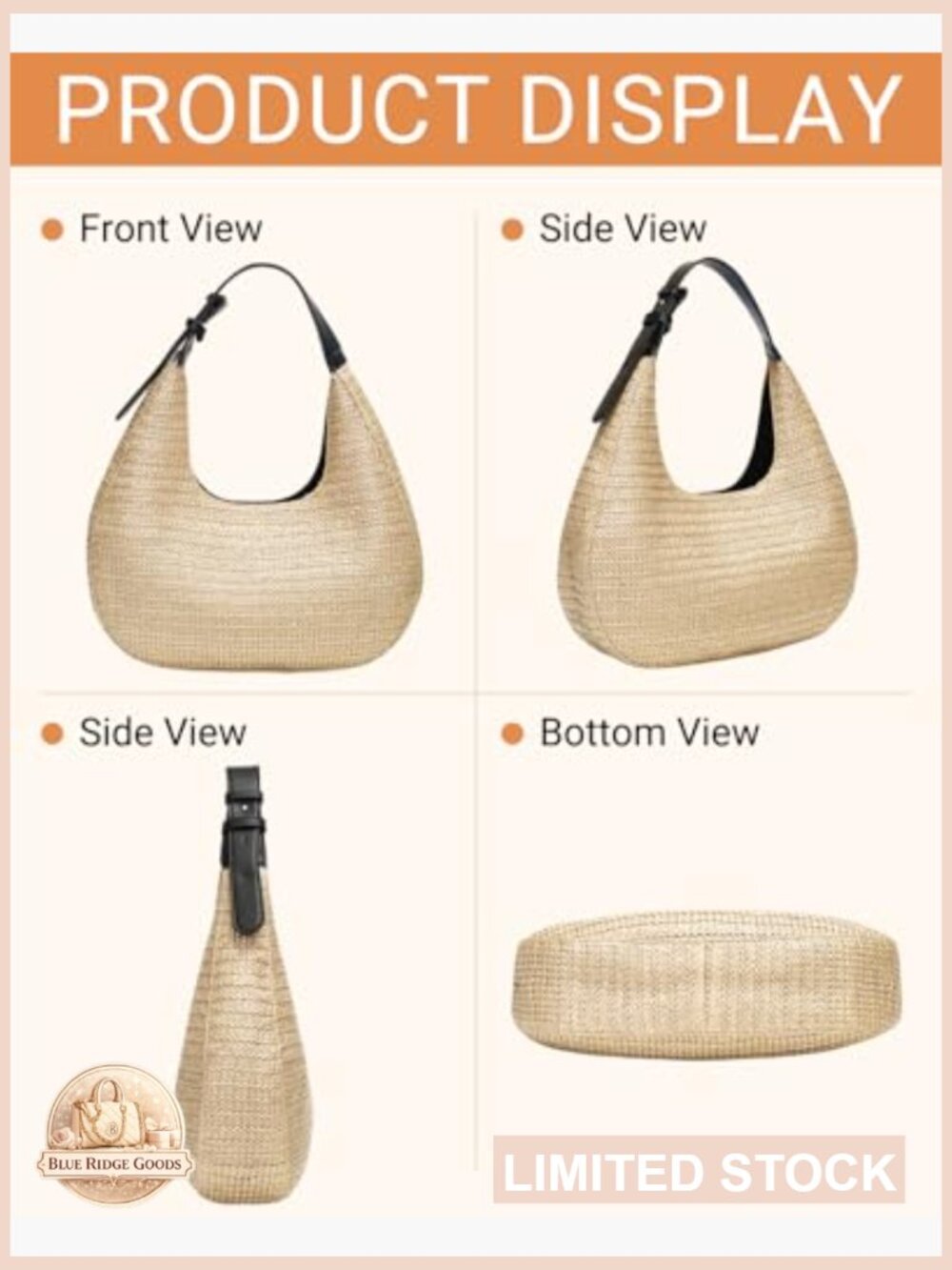 Hobo Crescent Straw Handbag Summer Beach Tote Satchel Adjustable Strap - Picture 4 of 7